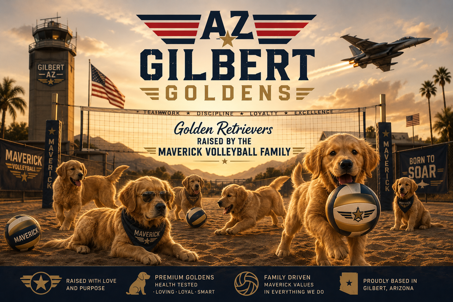 AZ Gilbert Goldens — golden retriever puppies on a Top Gun themed beach volleyball court in Gilbert Arizona, raised by the Maverick Volleyball Family